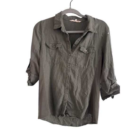 Women’s L Linen Ci Sono Olive/Taupe Mushroom Utility Shirt Roll Sleeves - Picture 1 of 6